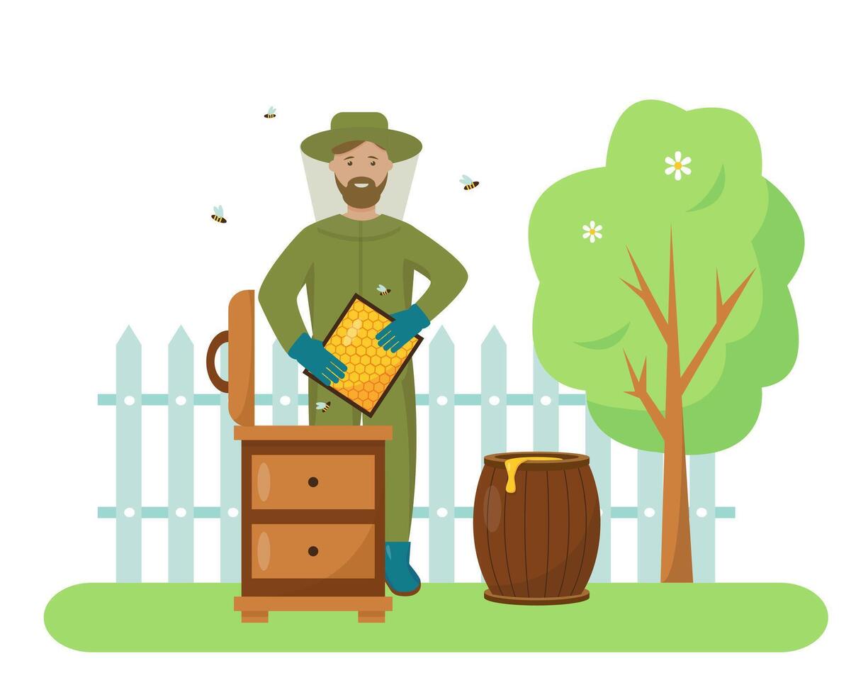 Beekeeper wearing protection suit with honeycombs and flying bees in the bee-garden. Beekeeping hobby summer concept. vector
