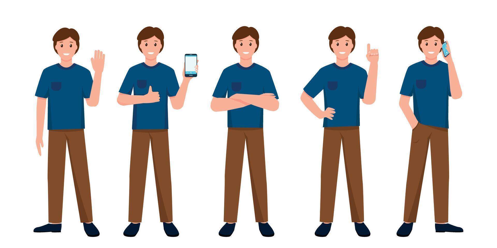 Set of Young Man in casual clothes isolated on white background. Male character with different poses and gestures. vector
