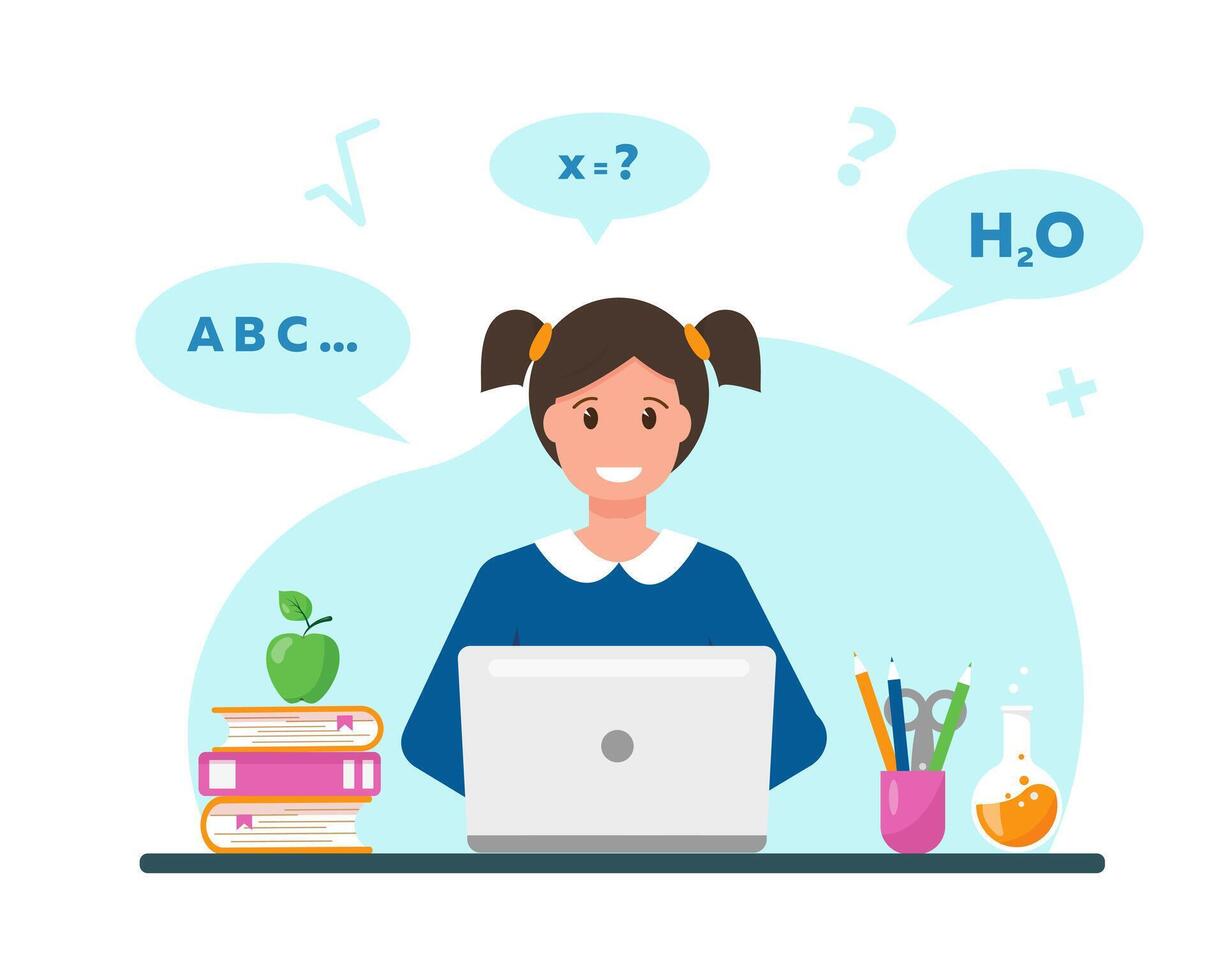 Happy girl learning online from home. Online education concept. vector