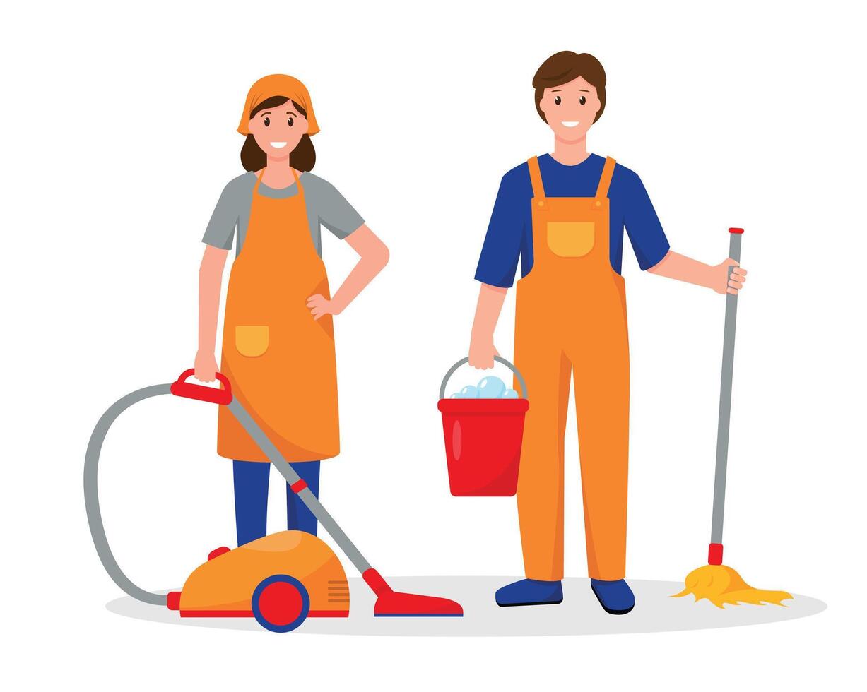 Cleaning service workers characters. Man with mop and bucket of water and Woman with vacuum cleaner. vector