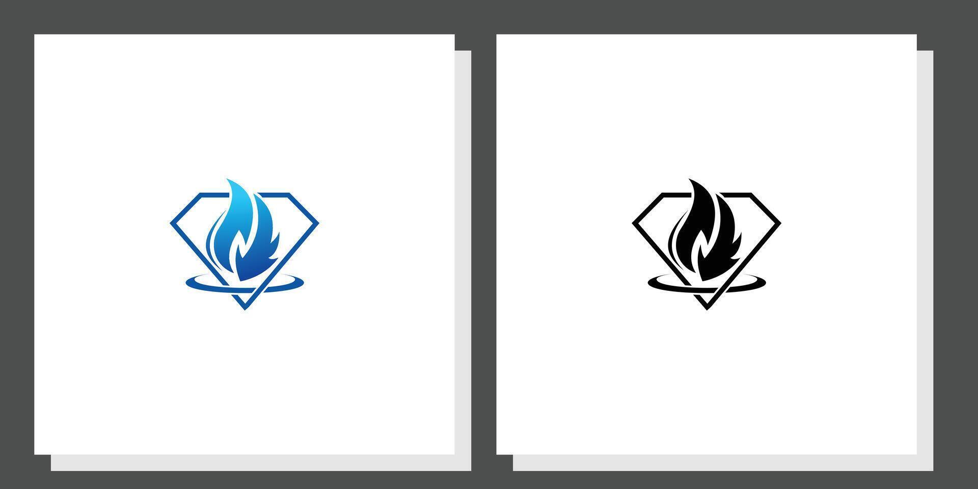 Simple blue fire logo design combination with diamond , premium vector