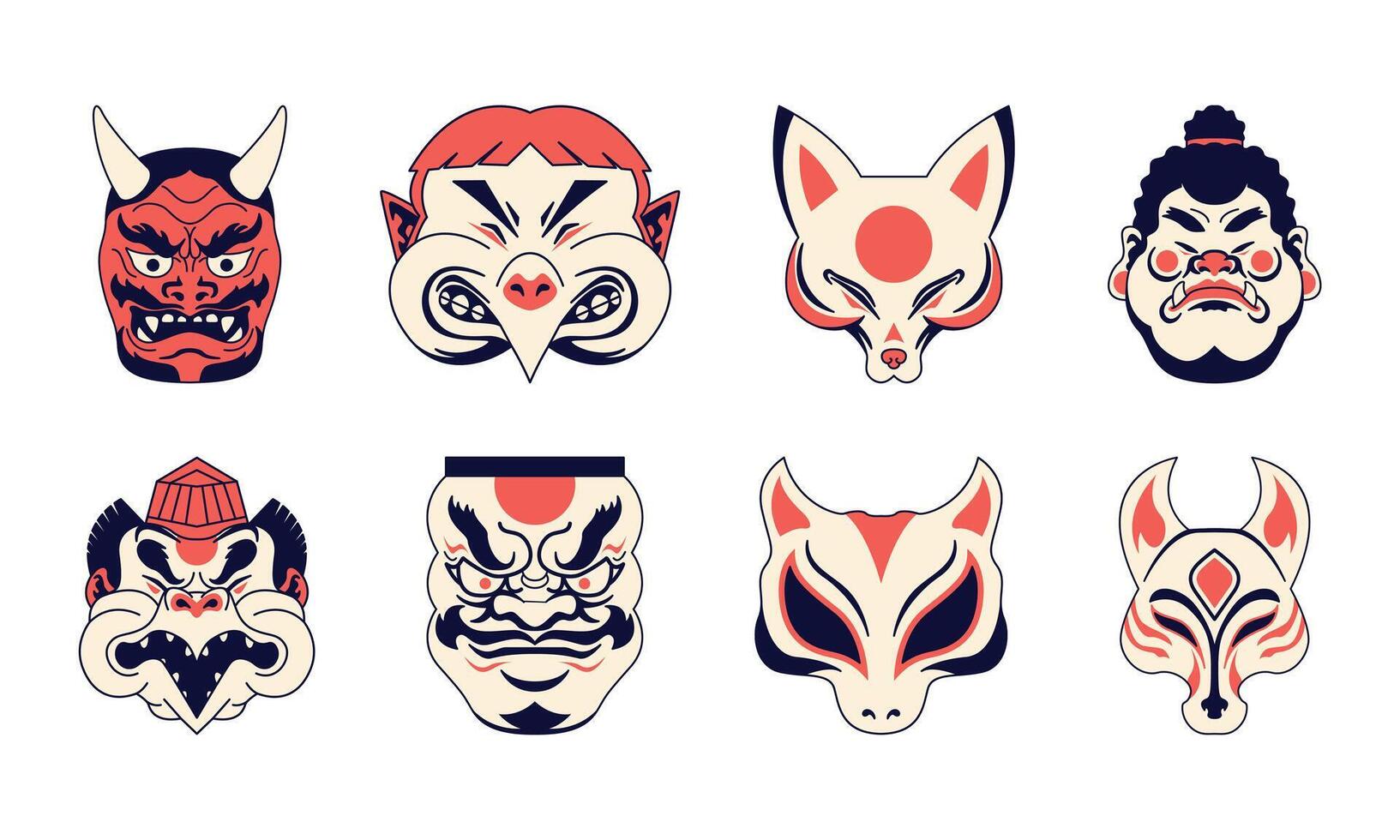 Japanese Mask Illustration Element Set vector