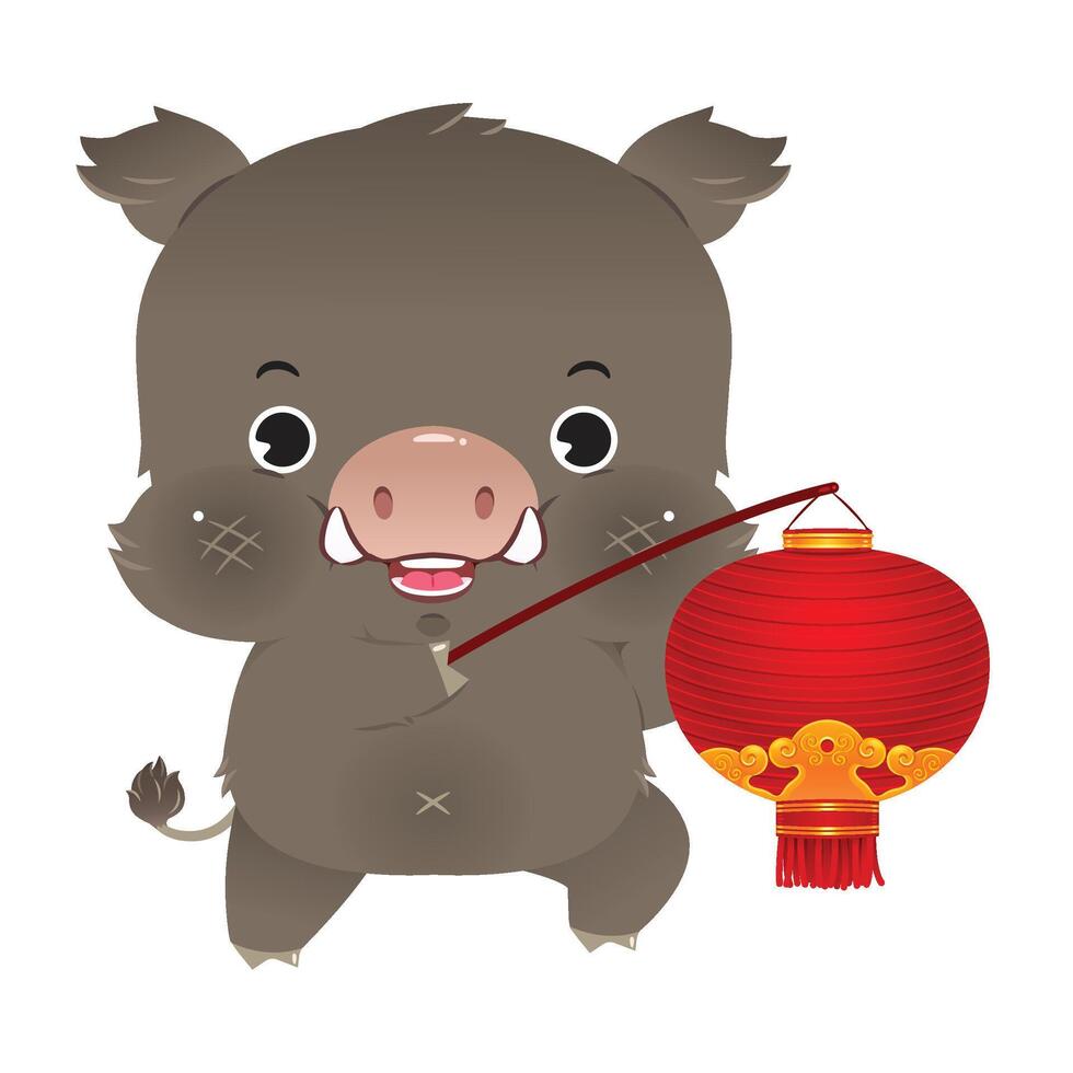 Little boar character design with Festive traditional Chinese red lantern. vector