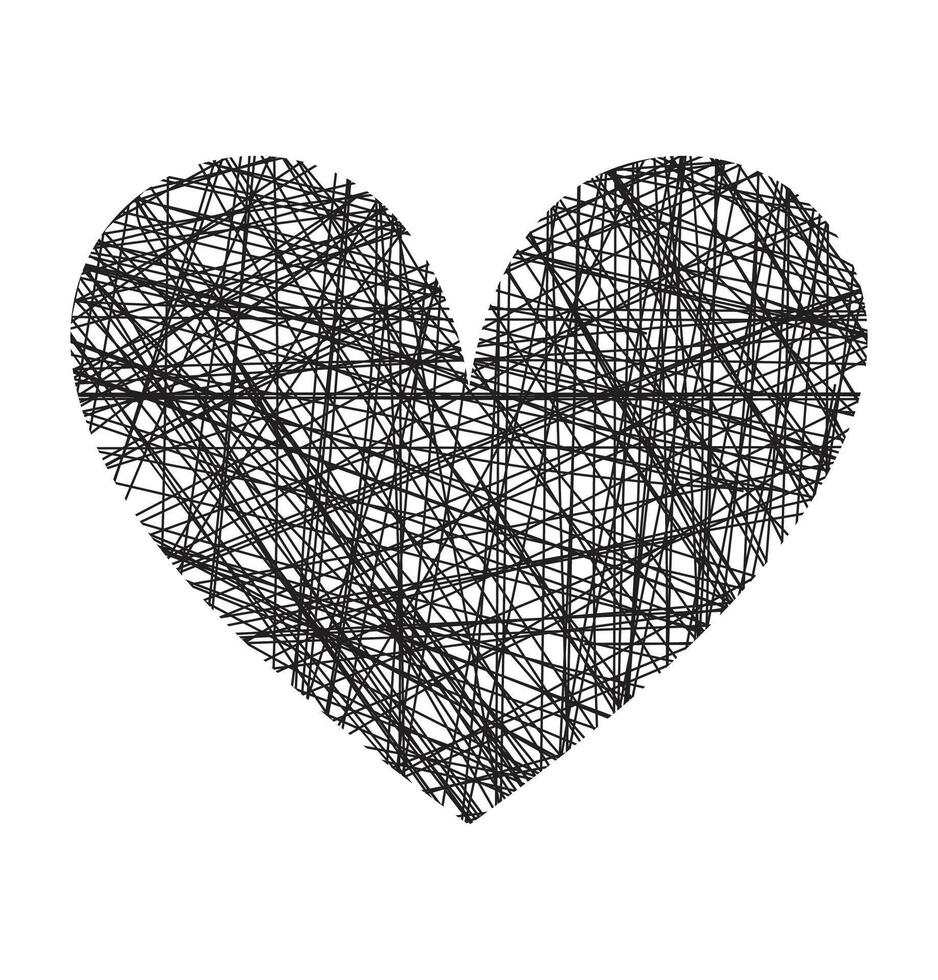 Tangled grunge black heart scribbles hand drawn with thin line vector