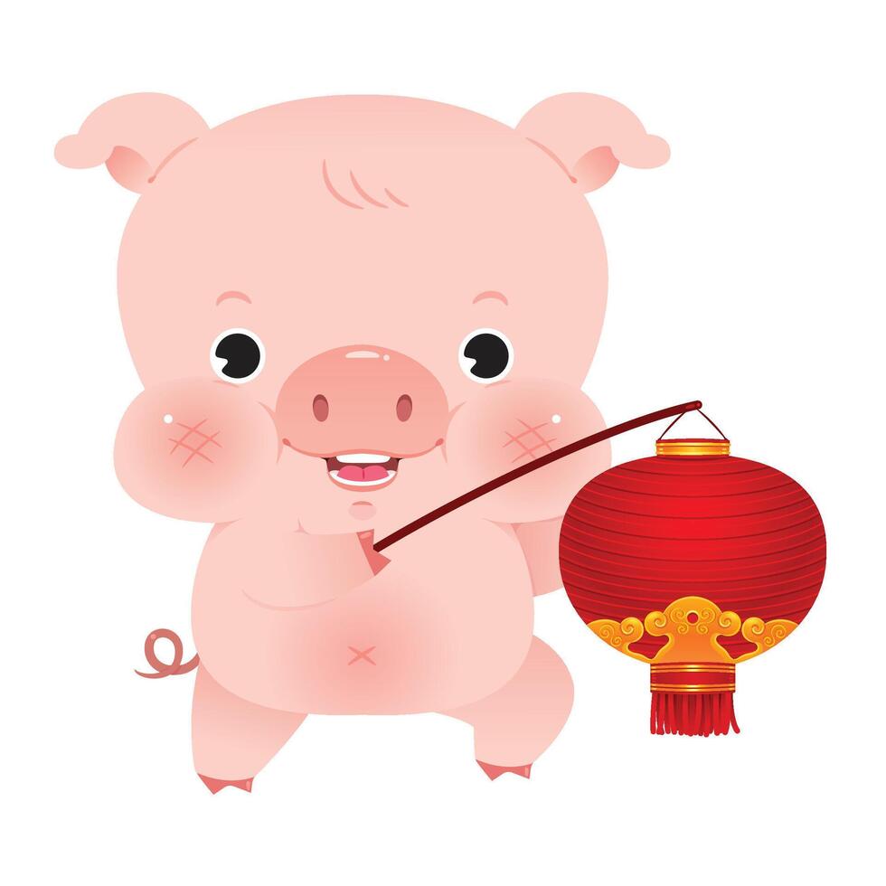 Little pig character design with Festive traditional Chinese red lantern. vector