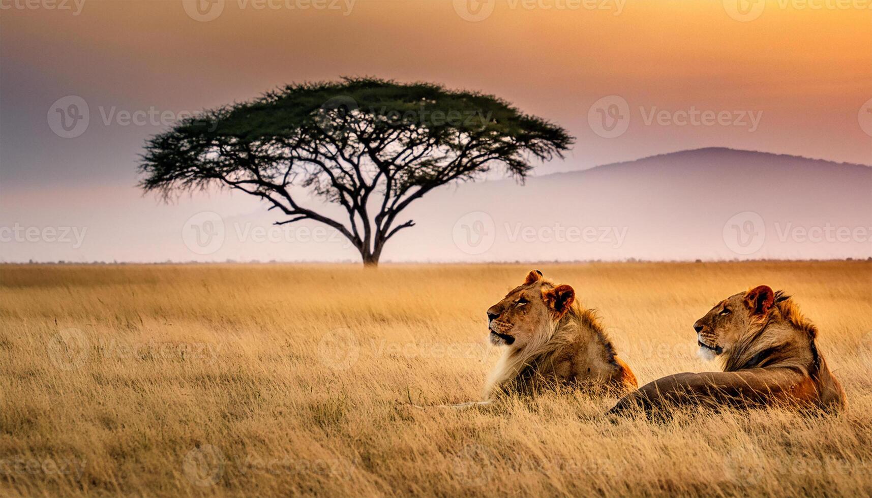 A majestic lion prepares to roar in the middle of the African savannah. photo