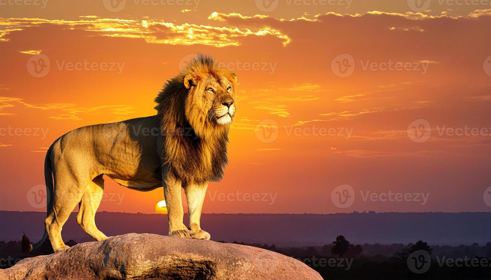 A majestic lion prepares to roar in the middle of the African savannah. photo