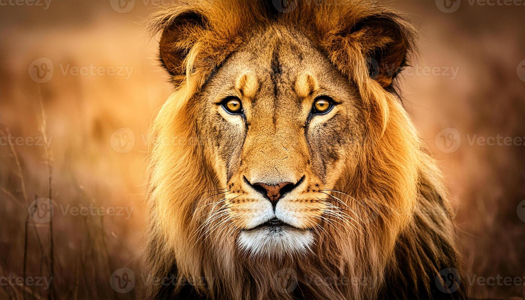 A majestic lion prepares to roar in the middle of the African savannah. photo