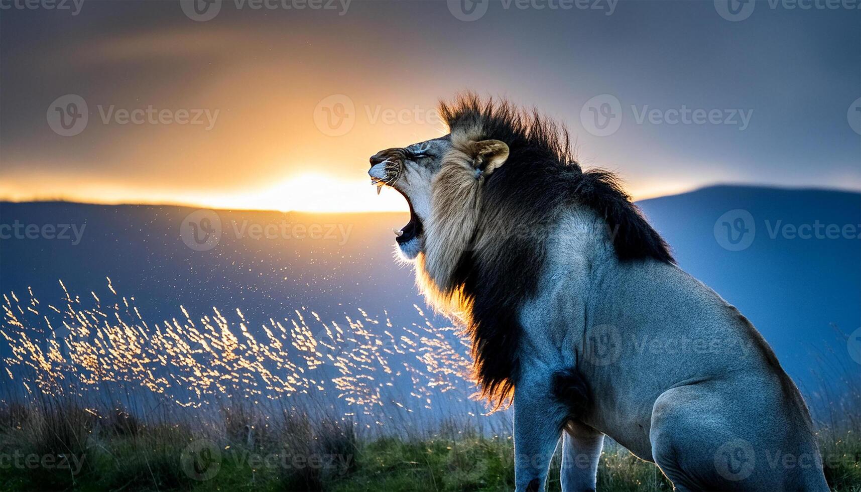A majestic lion prepares to roar in the middle of the African savannah. photo