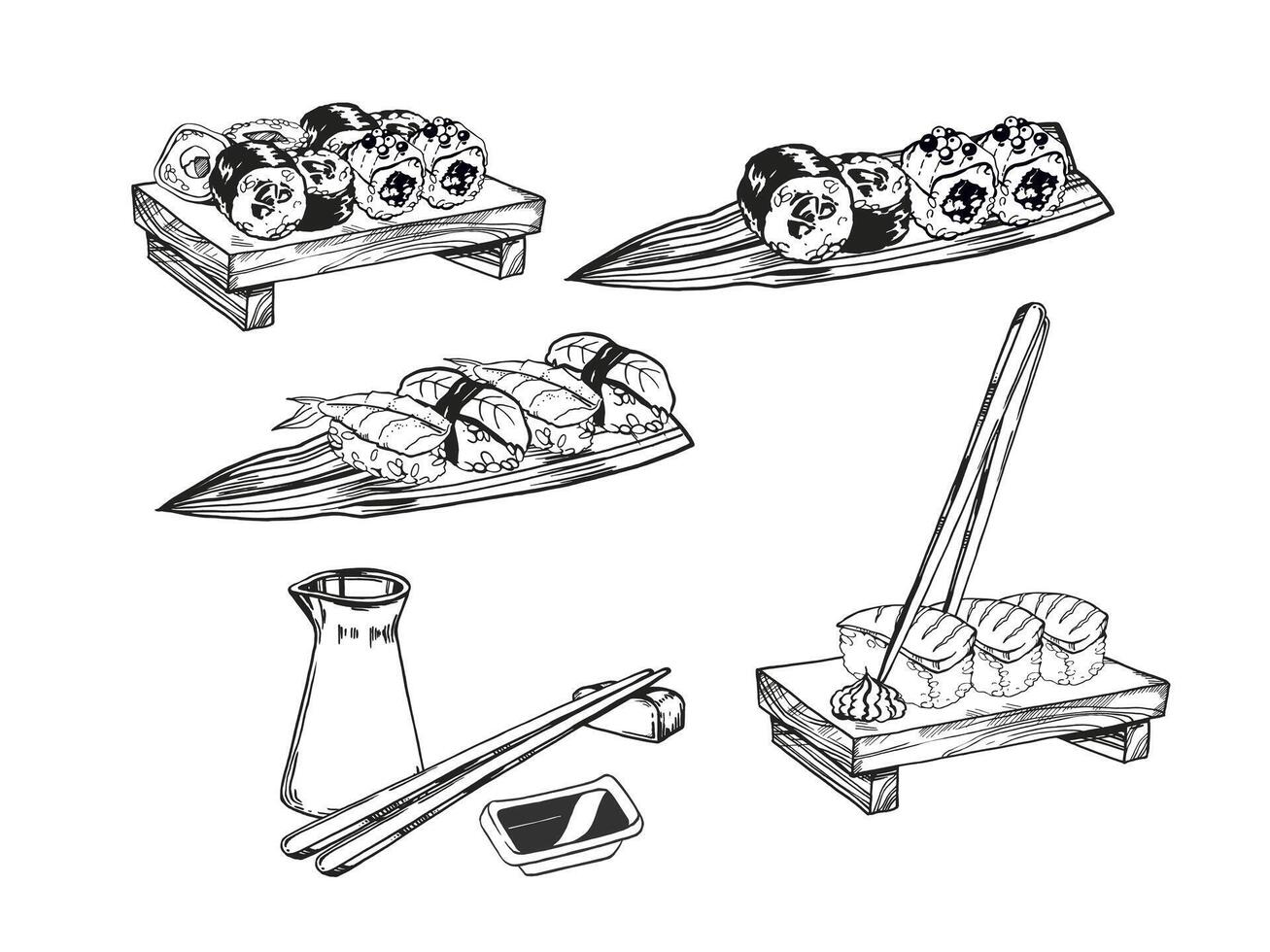 set illustration of Japanese food theme with rolls, sushi, sashimi, soy sauce, chopsticks, hand drawn inked monochrome sketch of seafood, frame isolated on white background vector