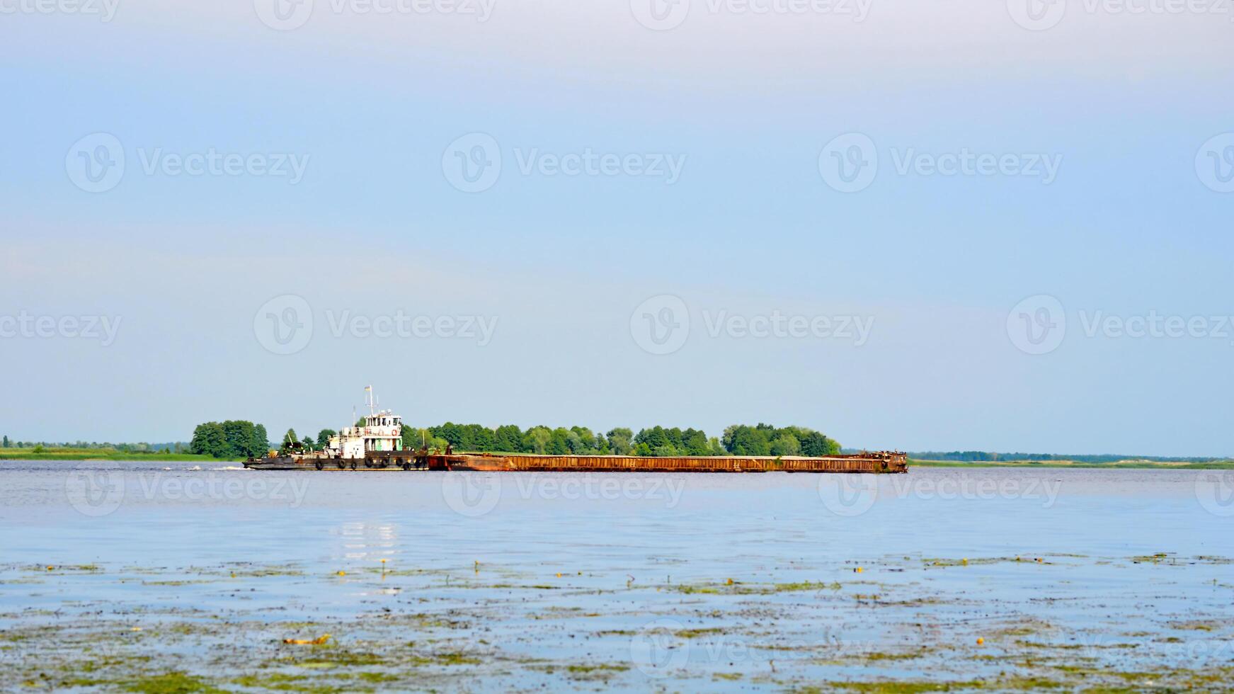 Motor ship barge dry cargo ship floating on the summer river photo