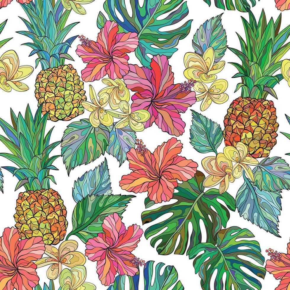Pineapple and blooming hibiscus flowers. seamless pattern with hand drawn floral tropical theme vector