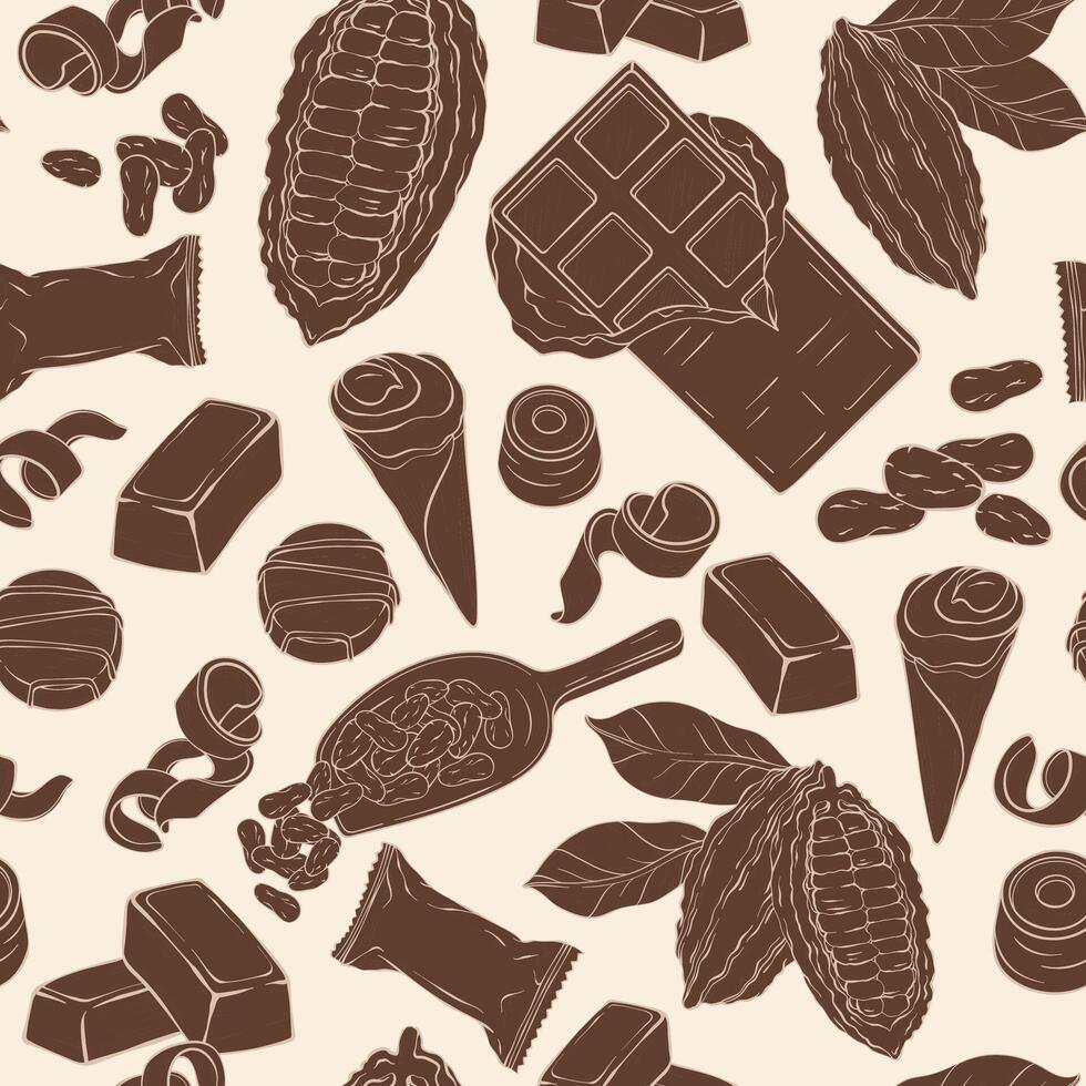 Seamless pattern with candy, Cocoa Beans, Chips, and Chocolate Bar background. vector
