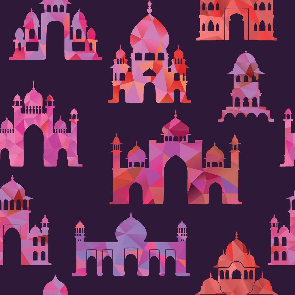 Seamless pattern with Indian palaces, parts of architecture, traditional famous landmark, triangles design elements vector
