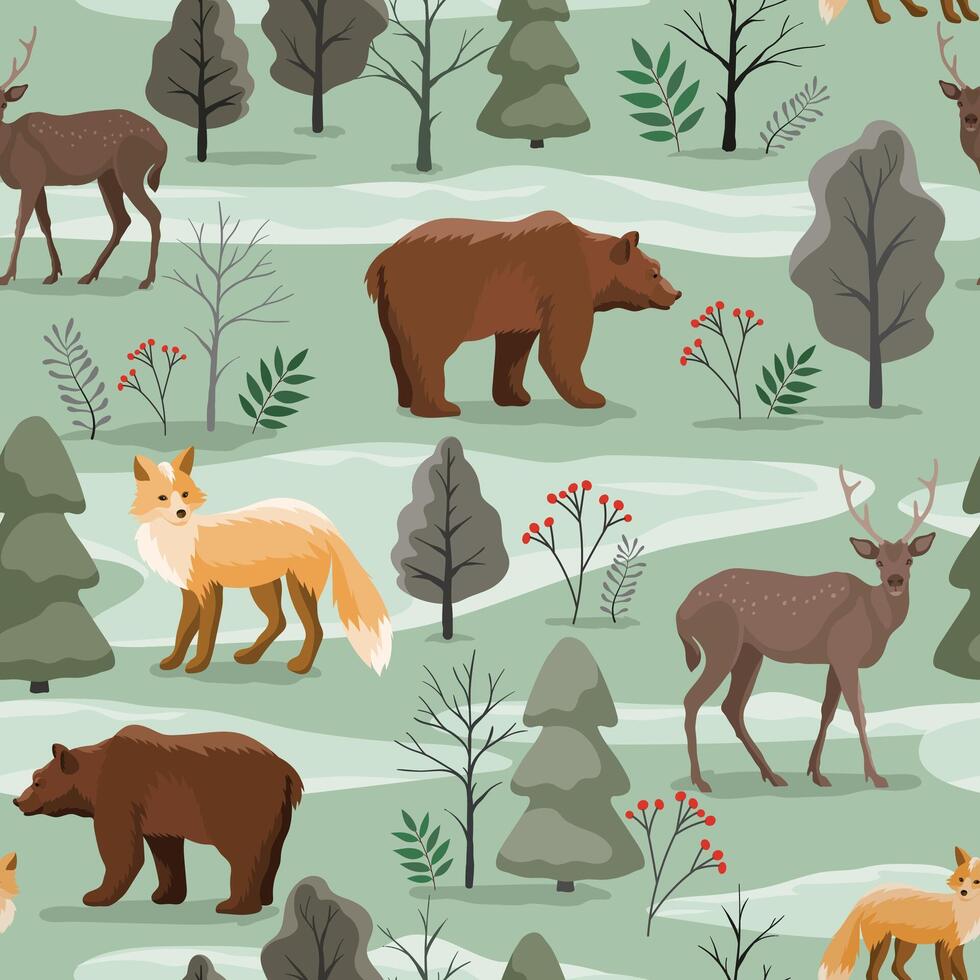 pattern with animals bear fox deer on summer forest vector