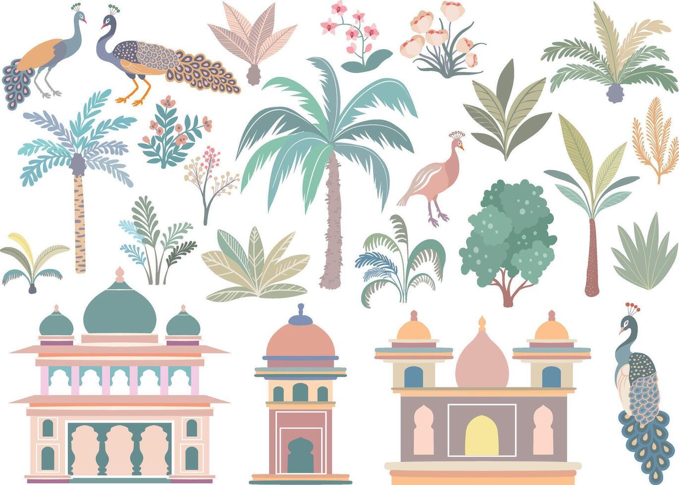 Indian gardens design elements, garden trees, palms, peacock architectural arches and palaces vector