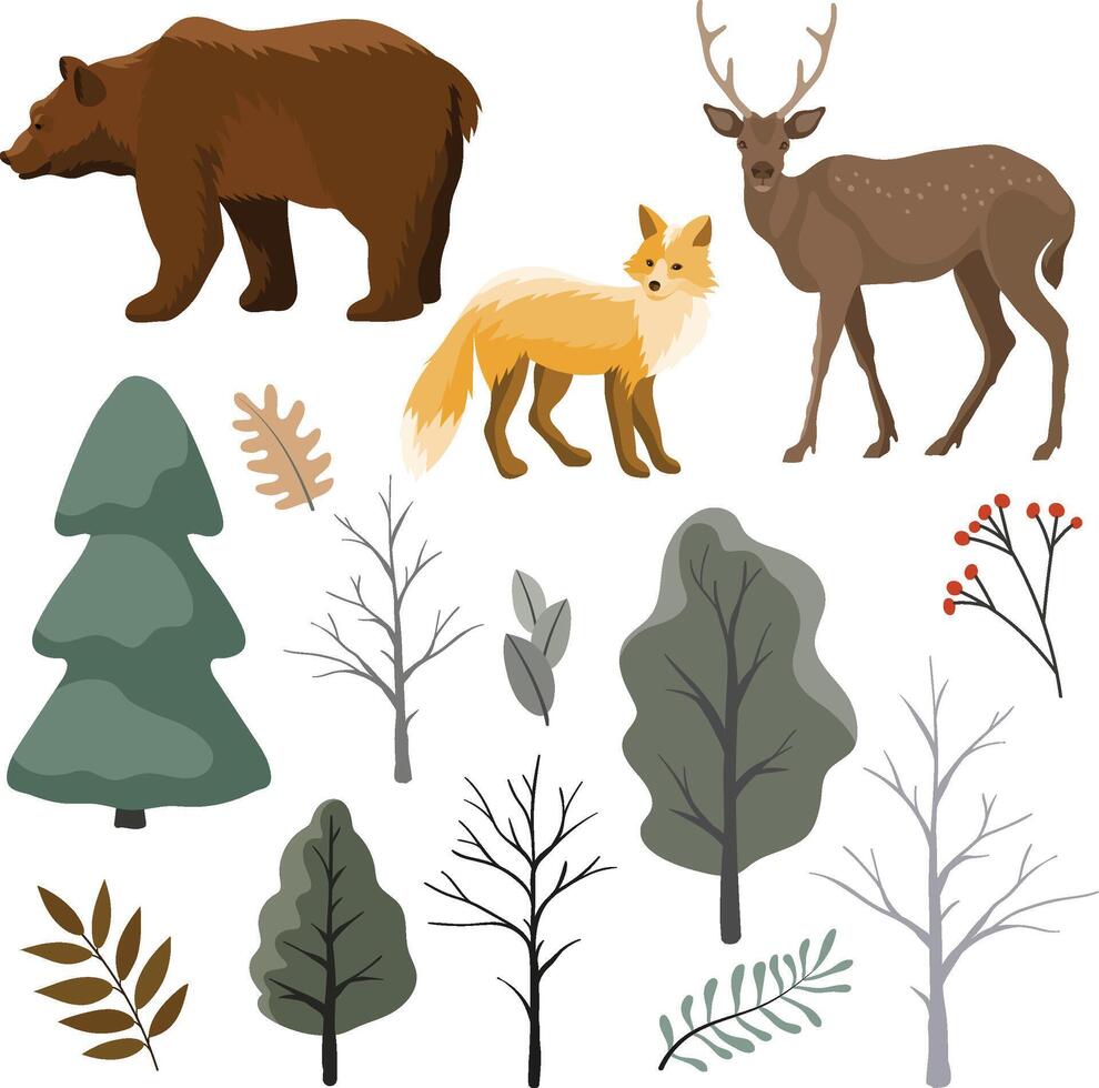 Set with animals bear fox deer and winter forest elements vector
