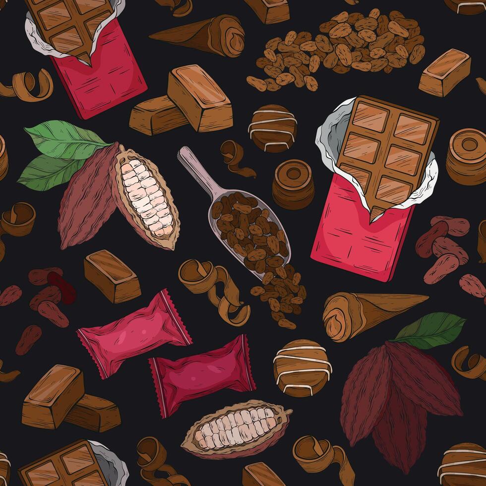 Chocolate seamless pattern. Hand drawn candy, Cocoa Beans, Chips, and Chocolate Bar background. vector