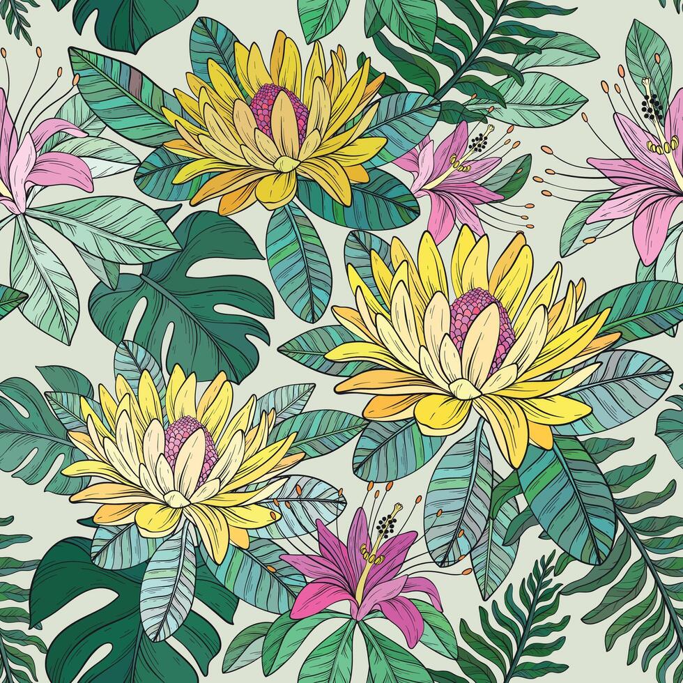Seamless pattern with Tropical flowers and leaves. exotic design, Hawaiian plants vector