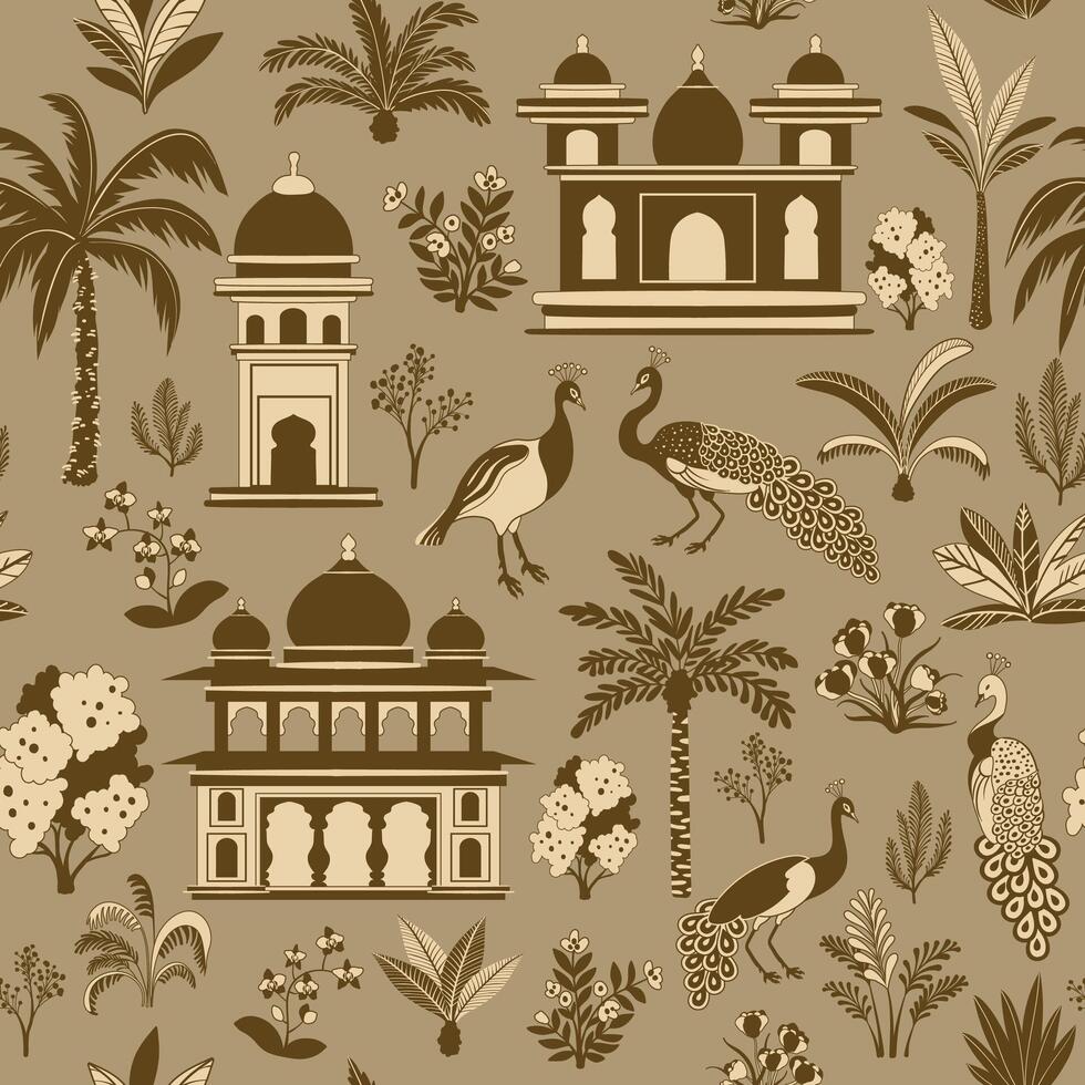 Seamless pattern with silhouettes of Indian gardens design elements set, garden trees, palms, peacock architectural arches and palaces. vector