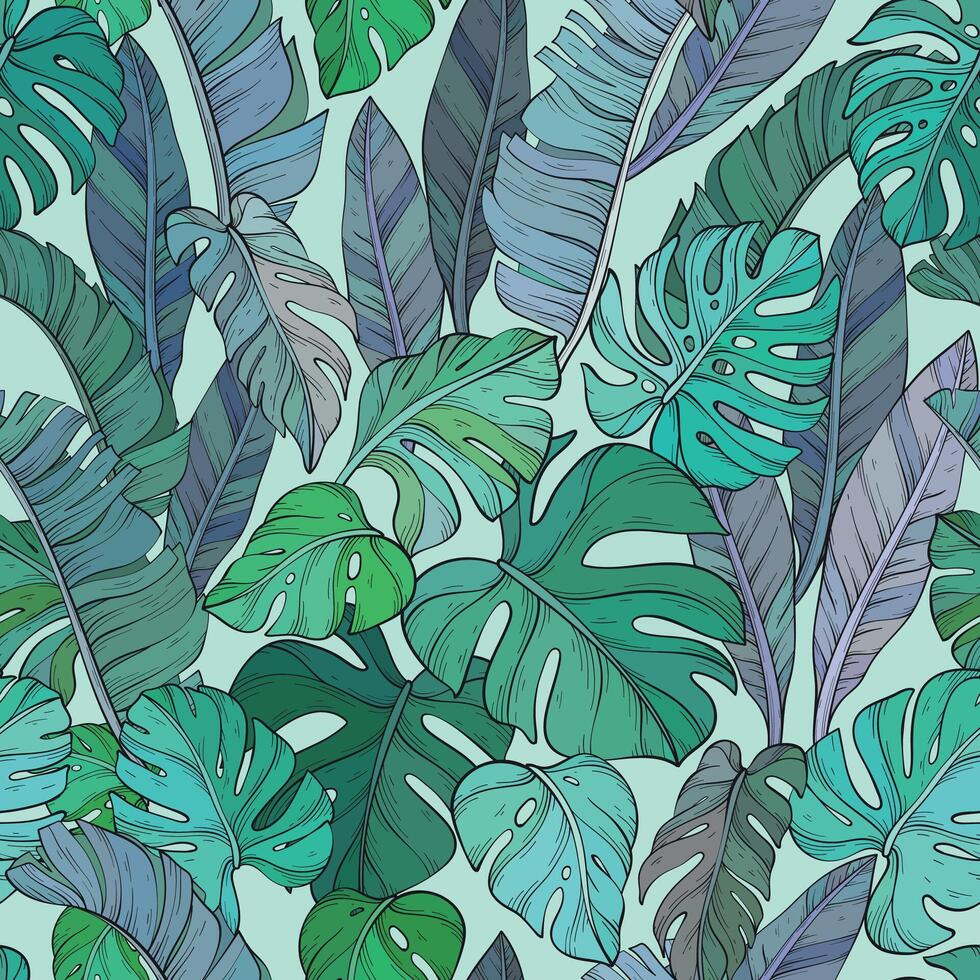 Seamless pattern with Green leafs of monstera vector