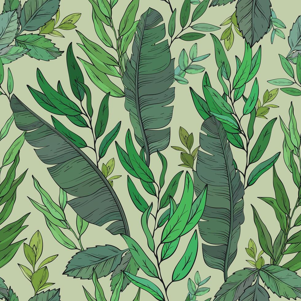 Botanical seamless pattern, hand drawn line art banana and eucalyptus leaves. vector