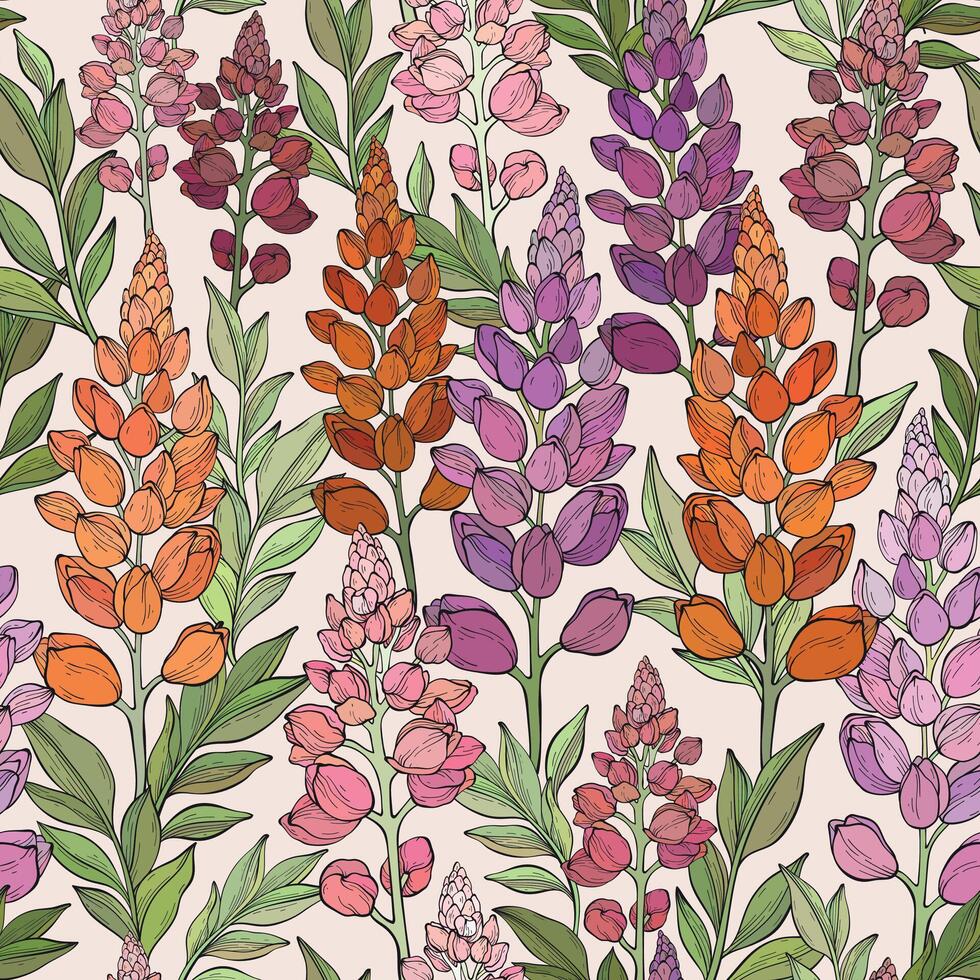 Seamless pattern with lupin flowers and leaves. vector