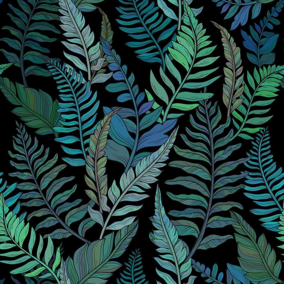 Seamless pattern of wild forest plants, leaves and young ferns vector