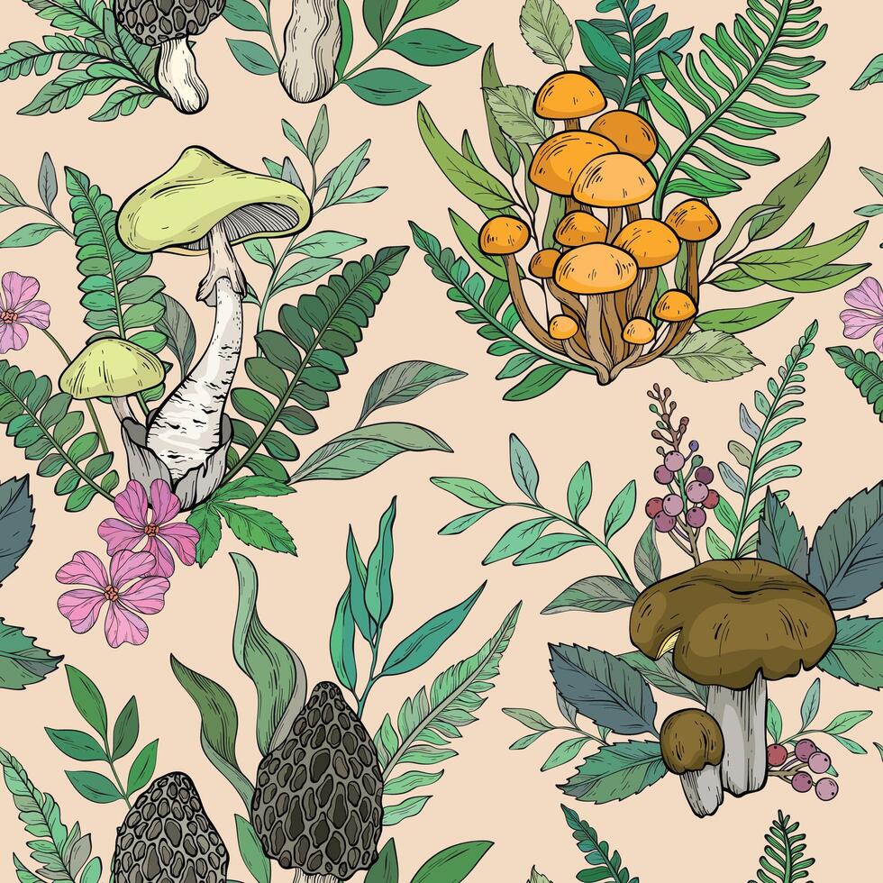 Seamless pattern with different types of mushrooms, vector