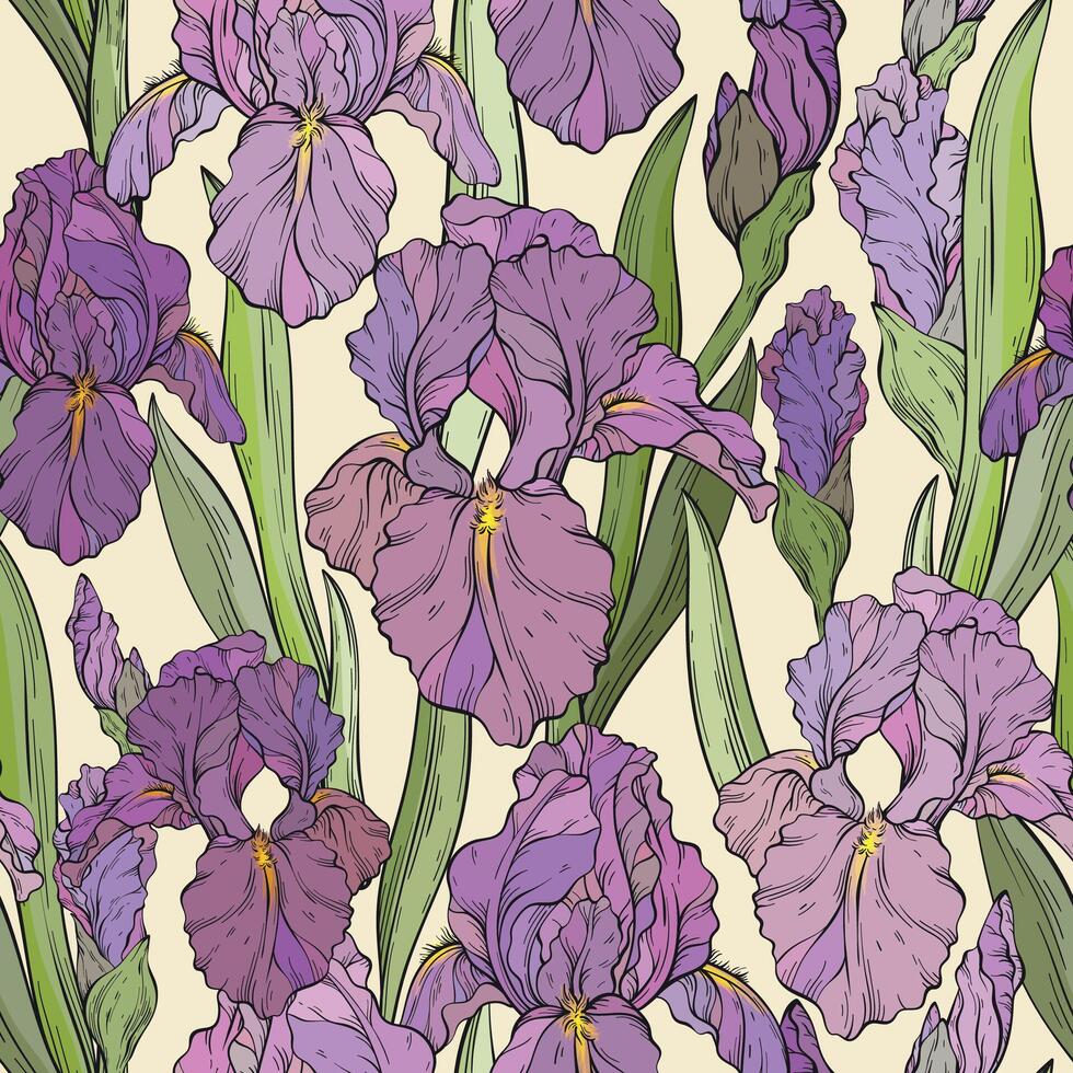 Seamless pattern with iris flowers and leaves, dark background. Spring floral print, decorative botanical background with hand drawn plants. vector