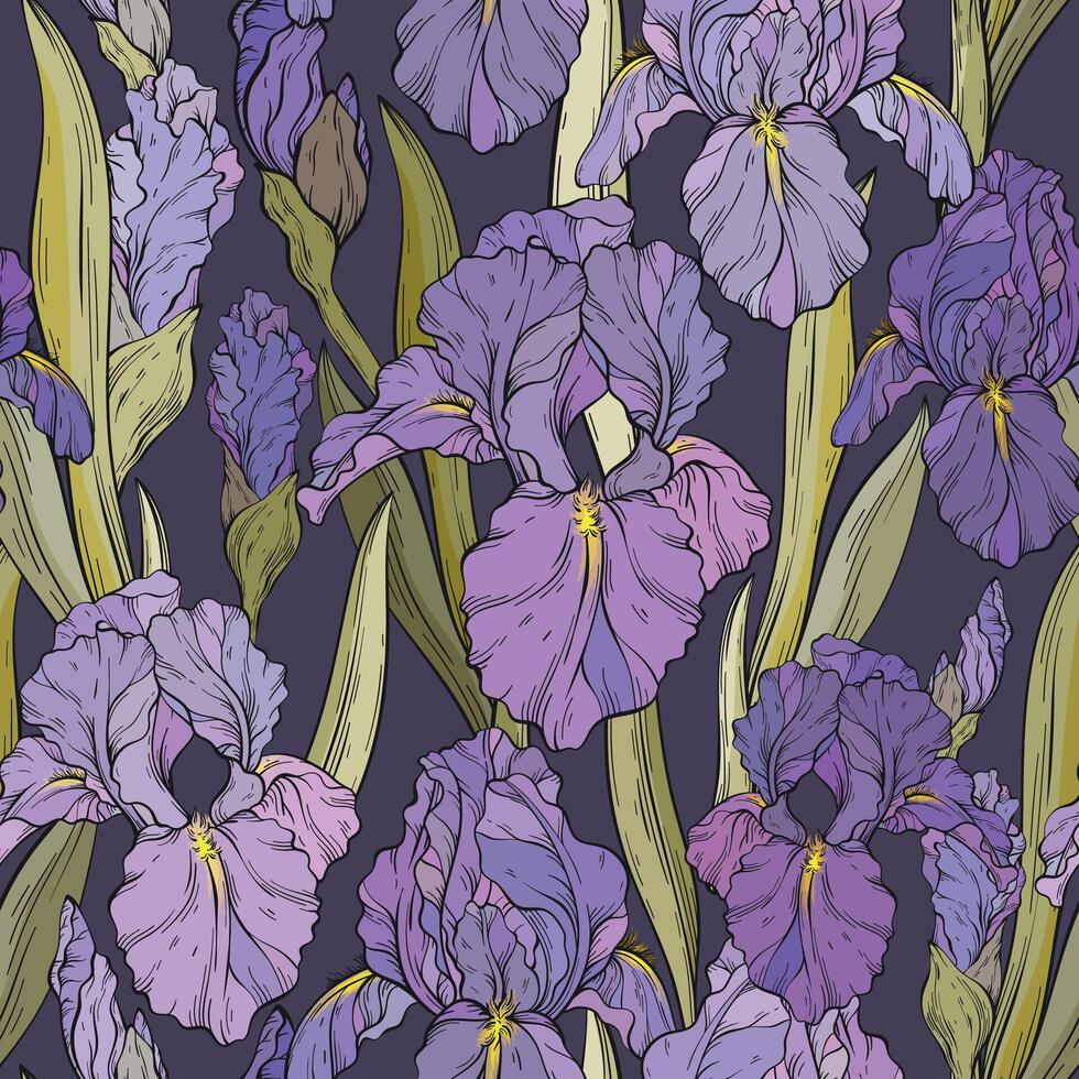 Seamless pattern with iris flowers and leaves, dark background. Spring floral print, decorative botanical background with hand drawn plants. vector