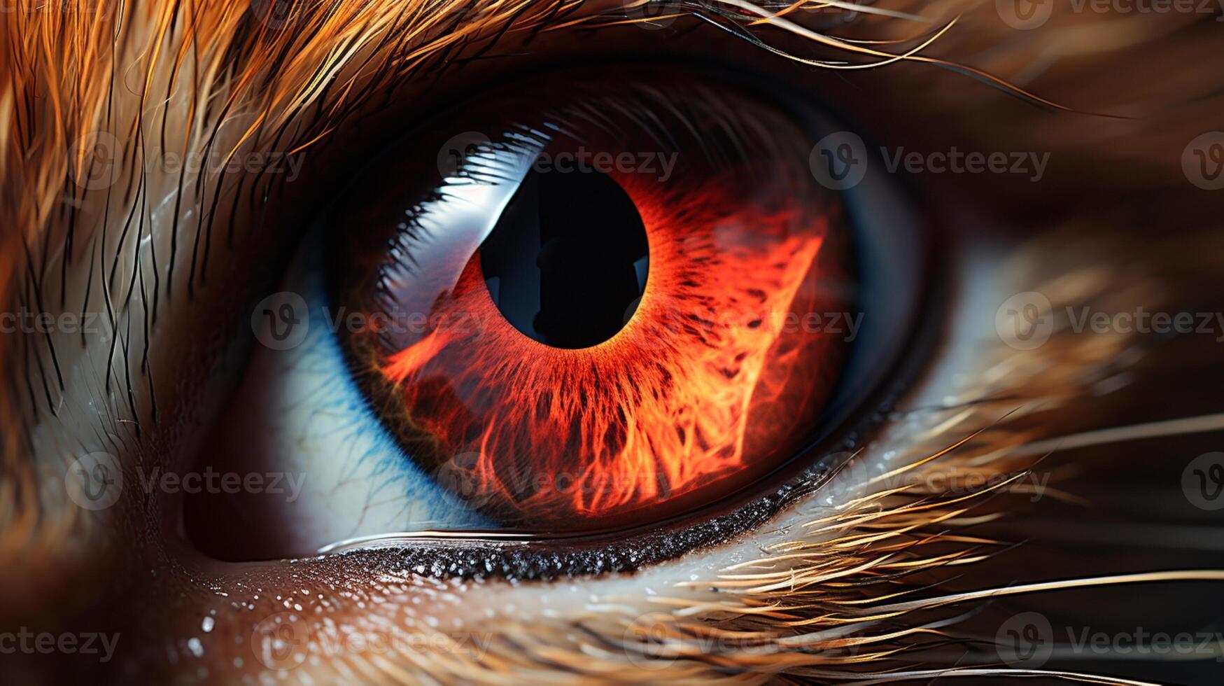 Cat brown fur with red eye staring intently closeup photo