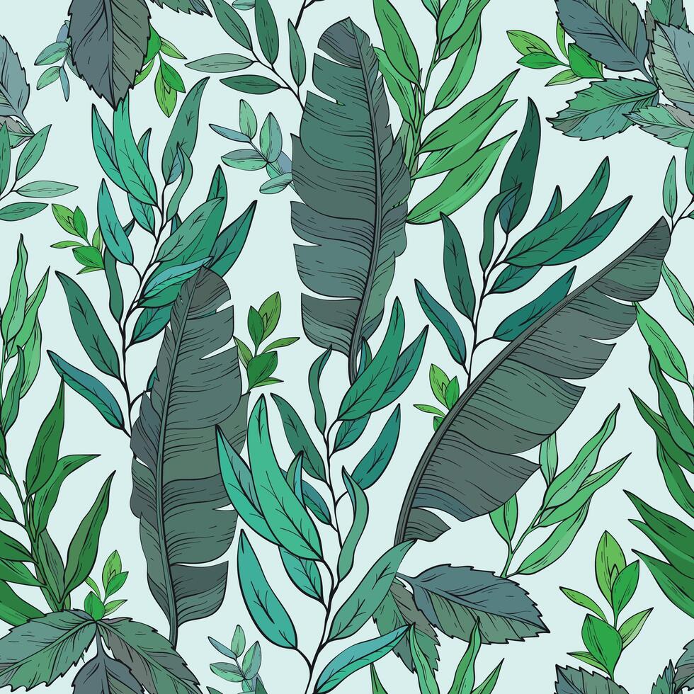 Seamless pattern with Hand drawn green plants and eucalyptus. vector