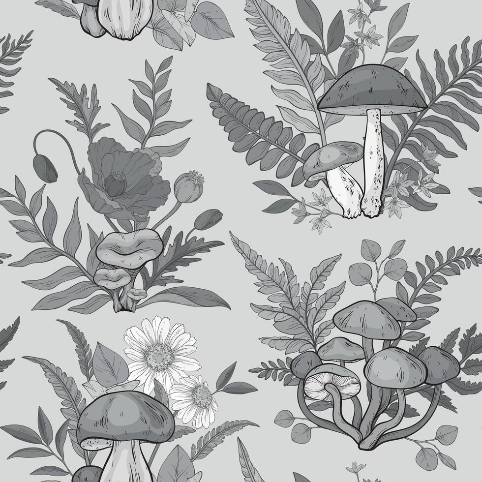 Seamless monochrome pattern with different types of mushrooms, poppies, chamomile and ferns. vector