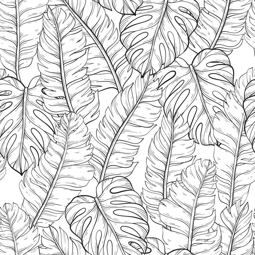 Jungle outline pattern with tropical leaves.Trendy summer print. vector