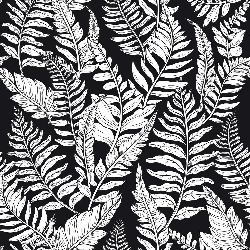 Seamless pattern of wild forest plants, leaves and young ferns on black background. vector