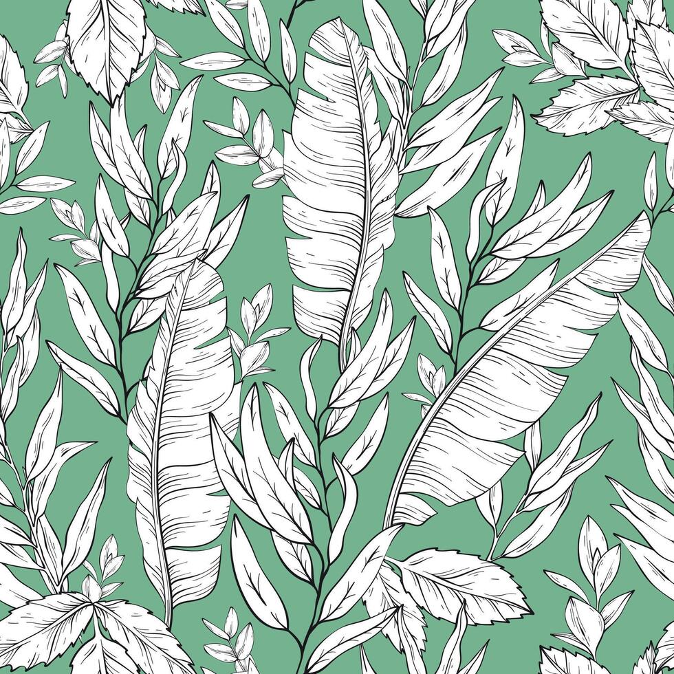 Botanical seamless pattern, hand drawn line art banana and eucalyptus leaves on green background. vector