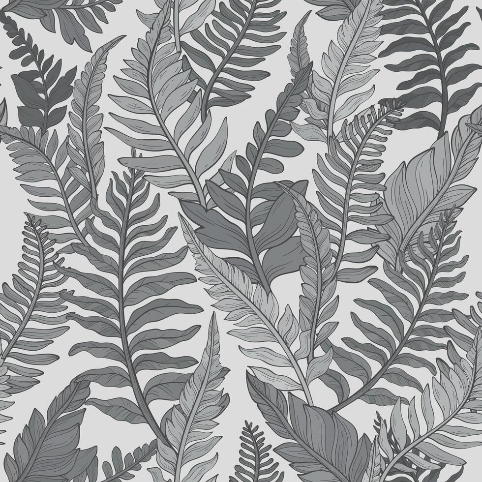 Seamless monochrome pattern of wild forest plants, leaves and young ferns vector