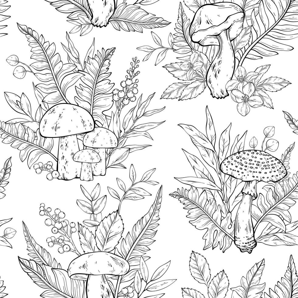 outline pattern with different types of mushrooms, flowers and berries, ferns vector