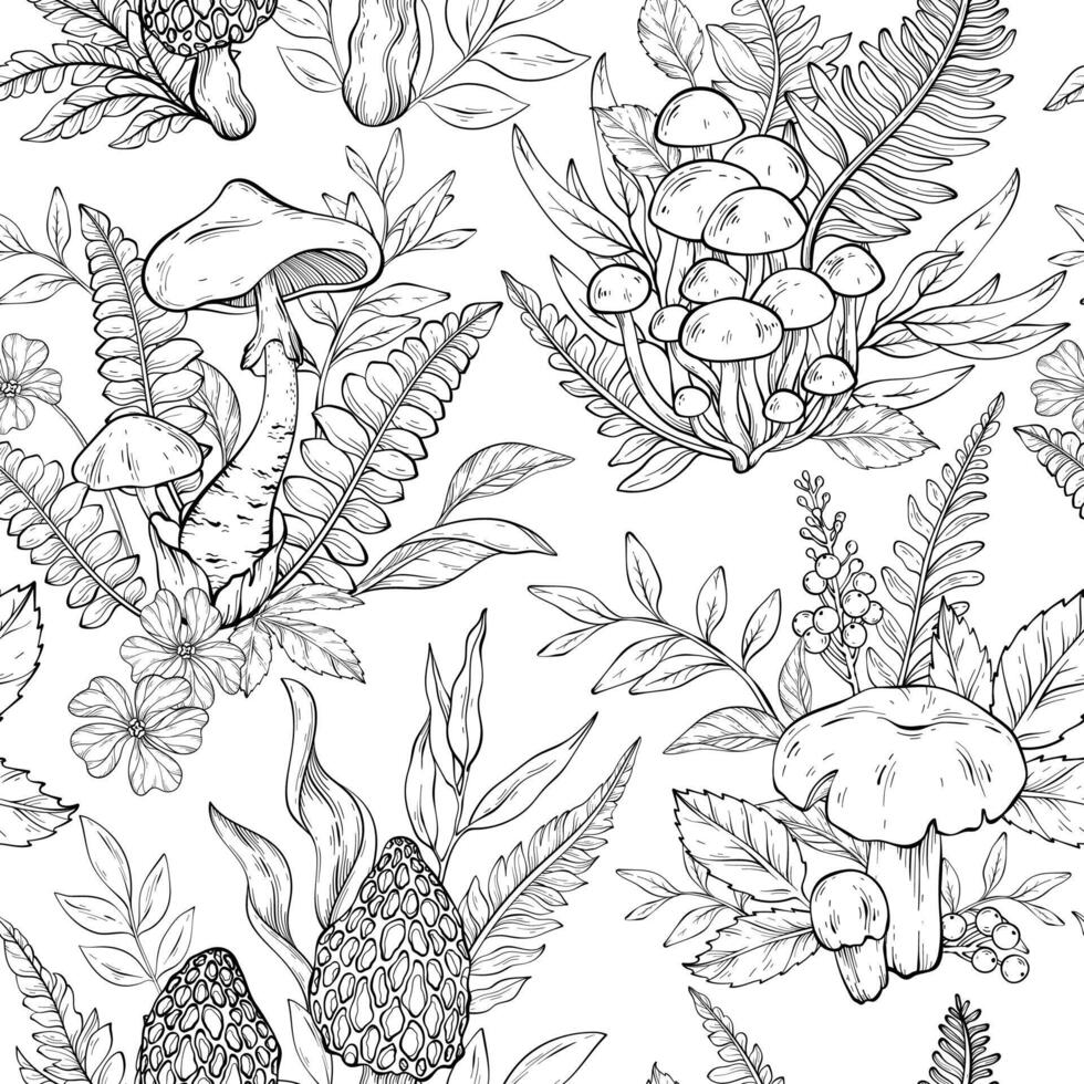 Seamless outline pattern with different types of mushrooms, flowers and plants. vector