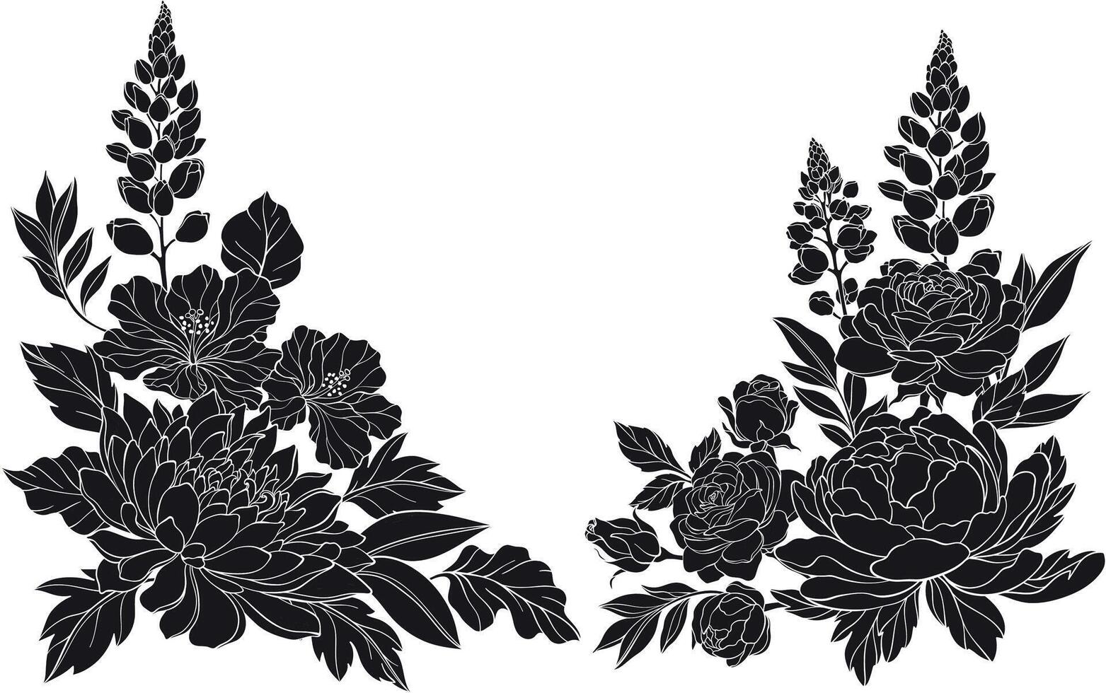 Set of floral bouquets with lupins, hibiscus silhouettes. floral design elements with green leaves, chrysanthemum, roses, peony and lupines flowers. vector