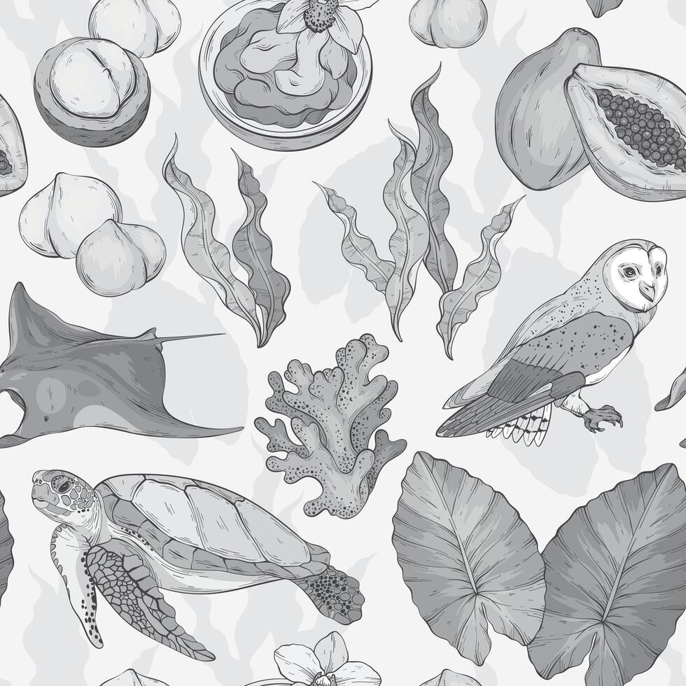 Seamless monochrome pattern with Tropical elements. Hawaii, beach and summer related items. Stingray, owl, turtle, seaweed, coral and papaya vector