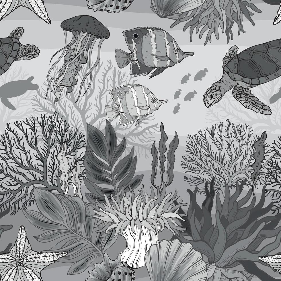 Marine Life monochrome pattern, the ocean and underwater world with different inhabitants. vector