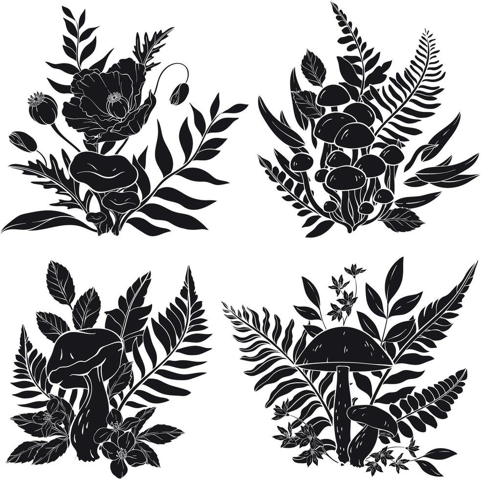 Set of different types of mushrooms, poppy, flowers, grass and berries, ferns silhouettes. vector