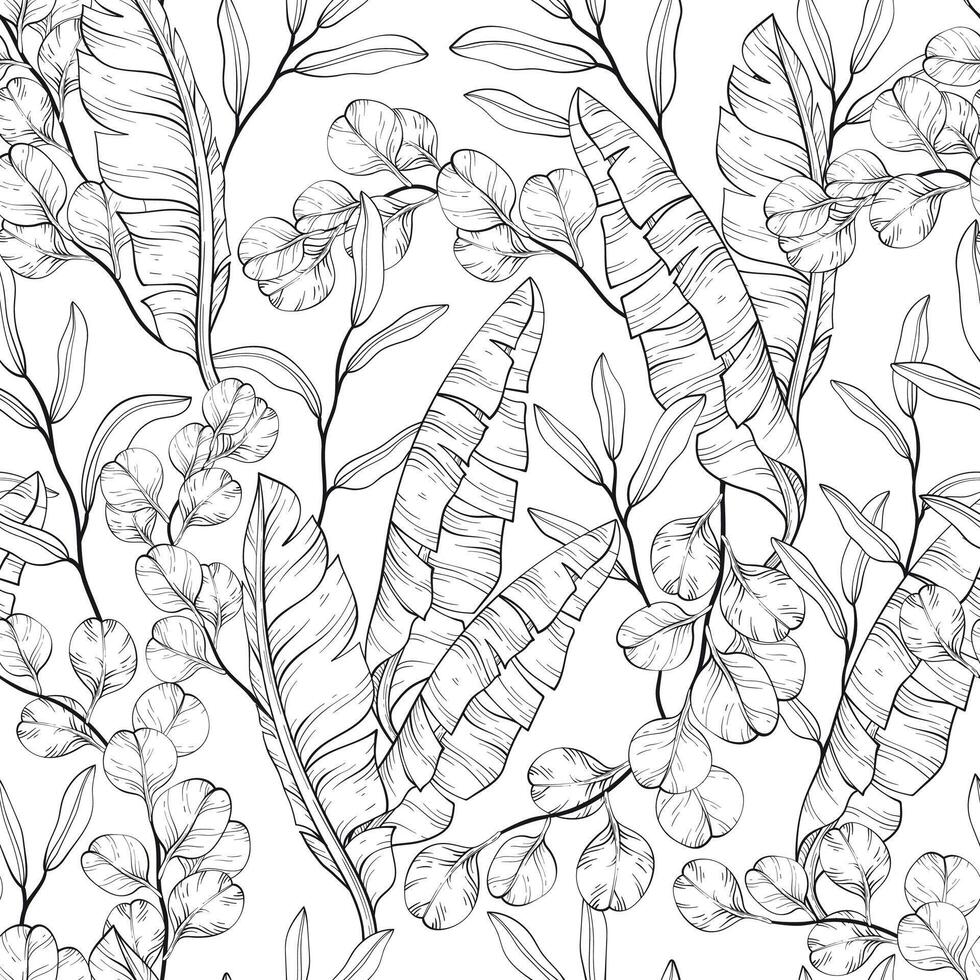 Black and white. Leaves and branches seamless pattern. Eucalyptus and banana leaves. vector