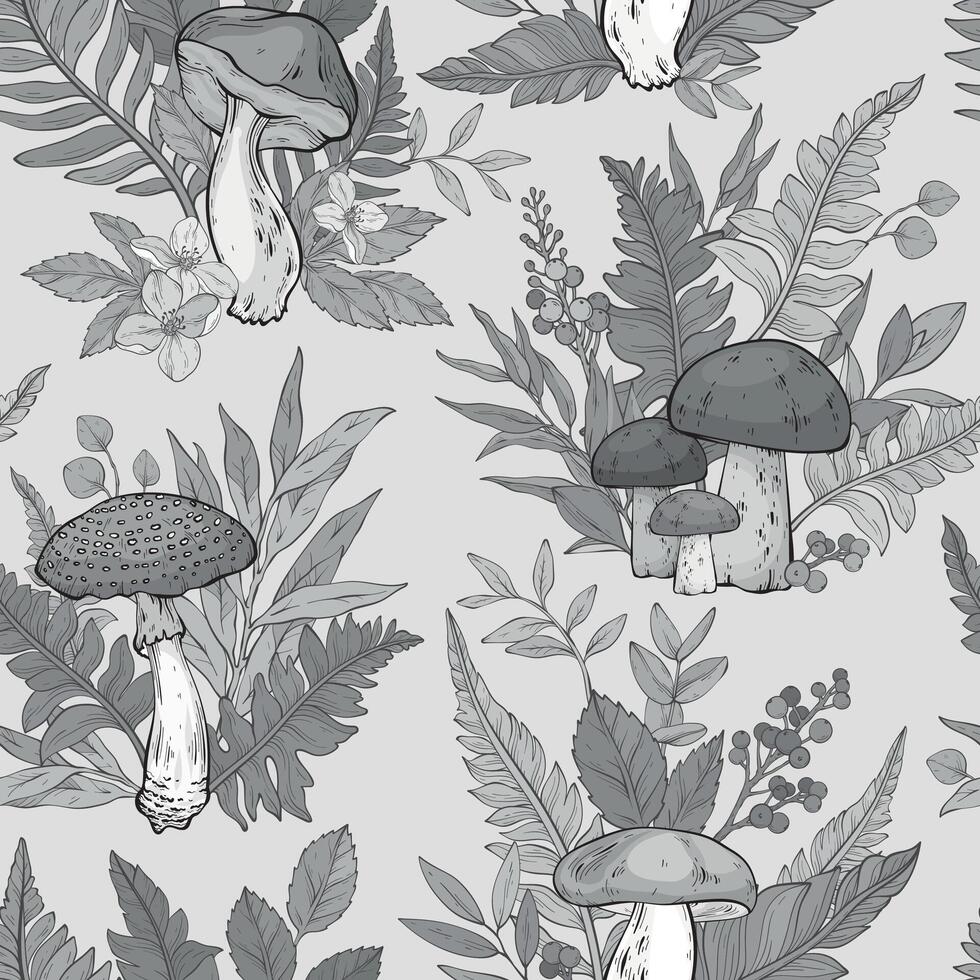 Seamless monochrome pattern with different types of mushrooms, flowers and berries, ferns. vector