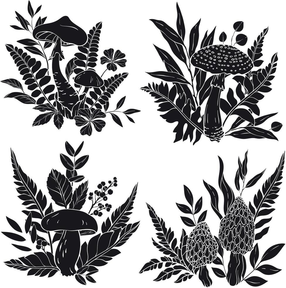 Set of different silhouettes of mushrooms, grass and berries, ferns. vector