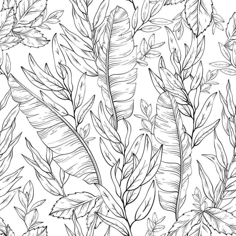 Botanical outline seamless pattern, hand drawn line art banana and eucalyptus leaves. vector