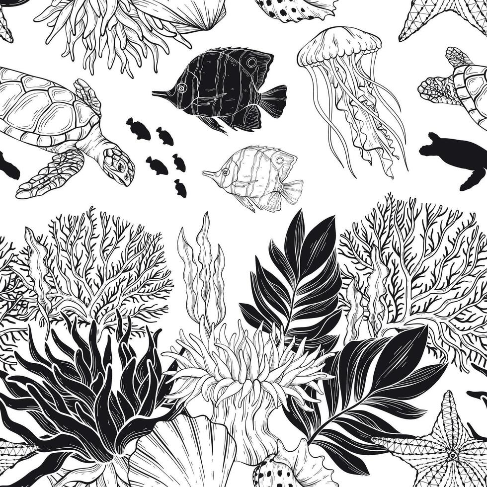Marine Life outline pattern, the ocean and underwater world with different inhabitants. vector