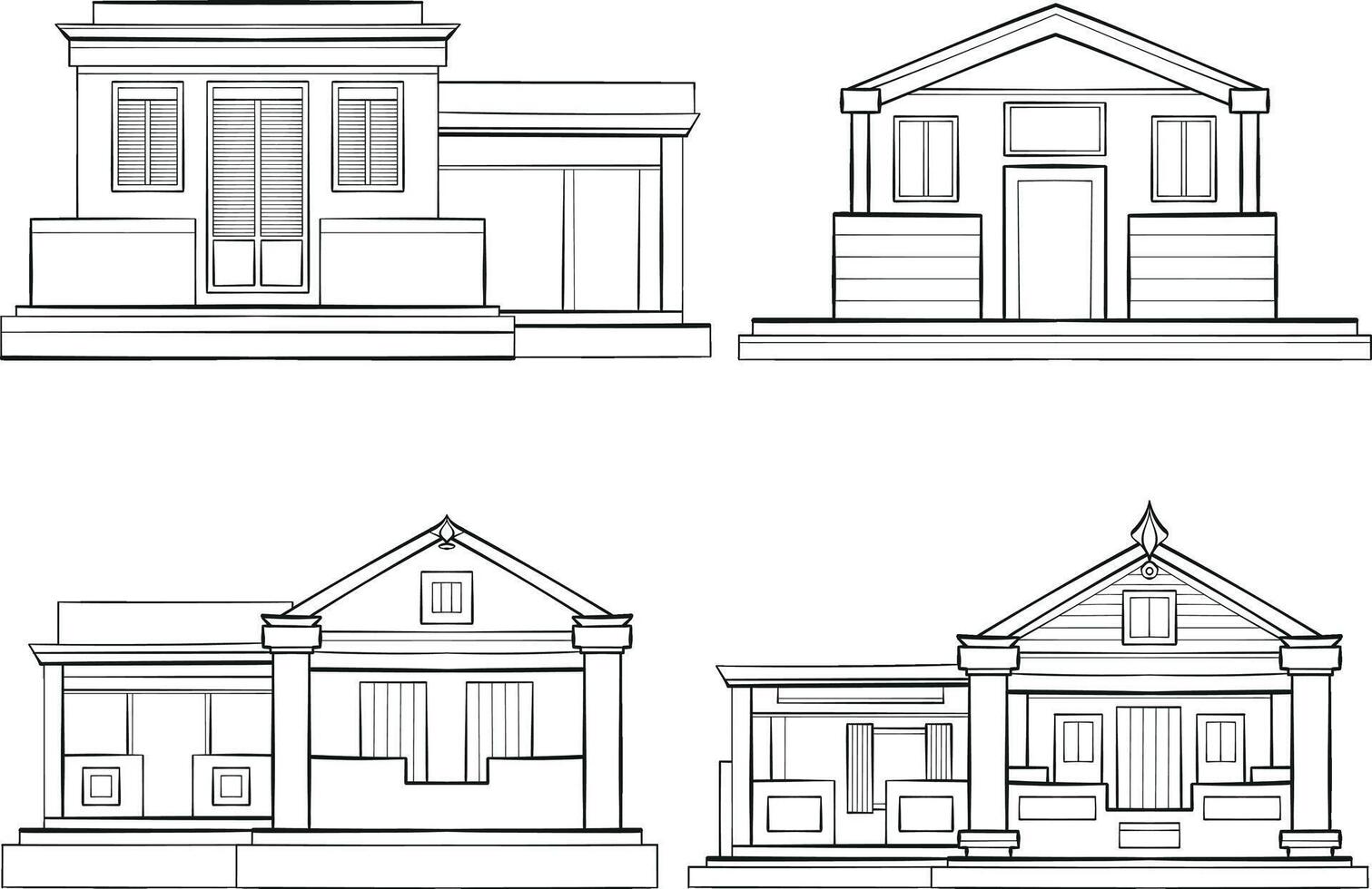House set. Collection of beach cottage, modern architecture, black and white. vector